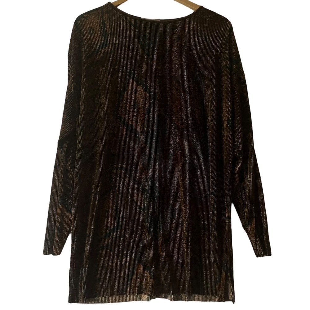 Express Tricot Vtg Brown Gold Paisley Print Pleated Long‎ Sleeve Tunic Top M
